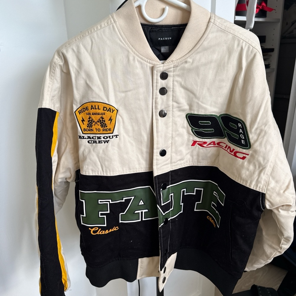 PacSun Cream, Black & Green Racing Bomber Jacket